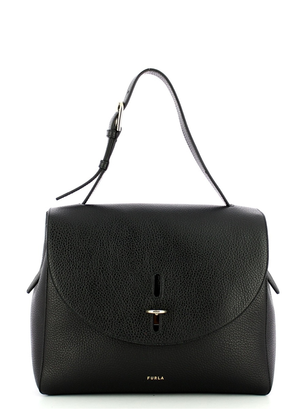 Furla Top Handle Bag Net M in Black Pebbled Leather Satchel with Gold Hardware